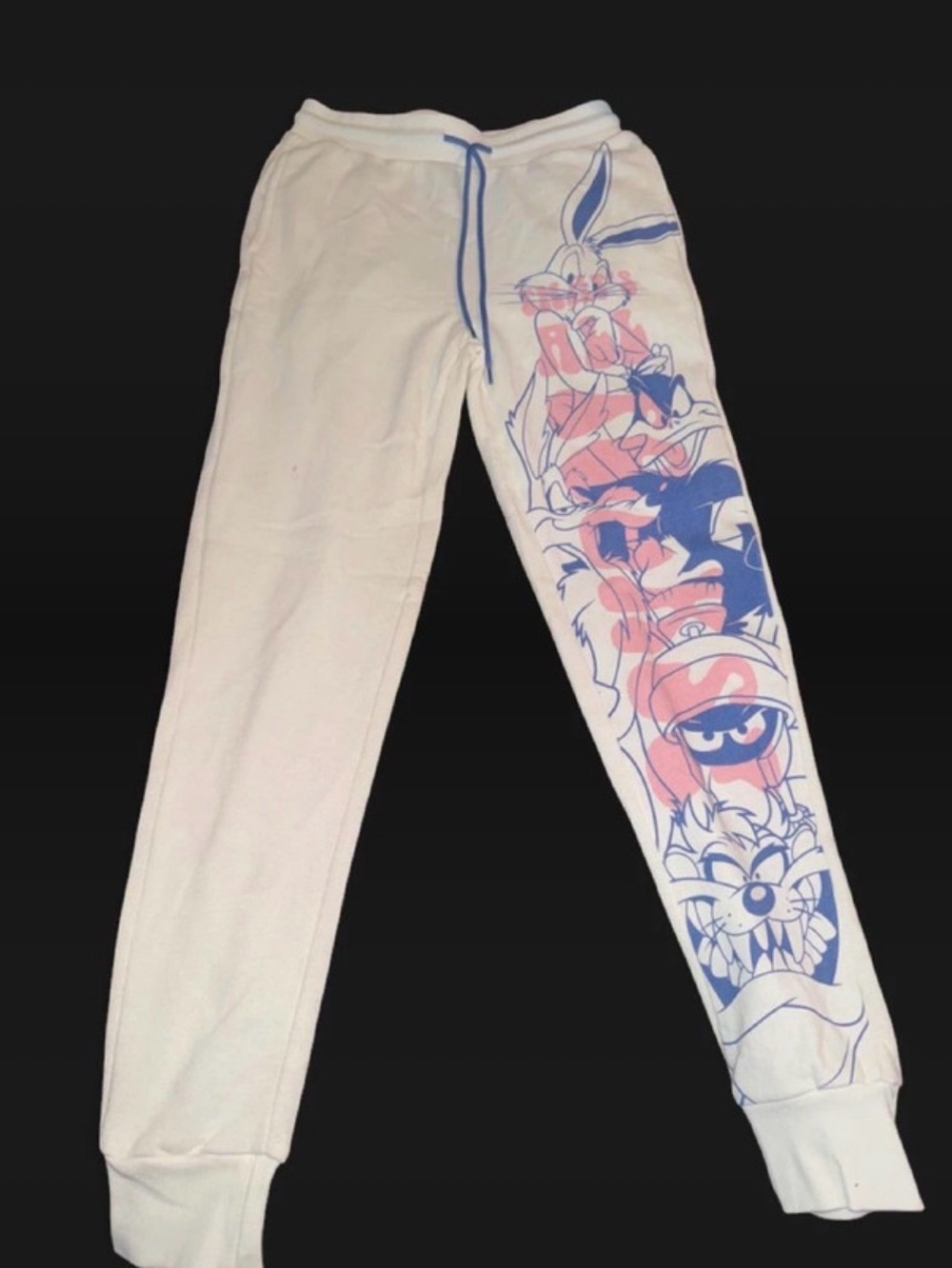 Warner Bros. White Kids Cartoon Character Joggers with Blue & Pink Graphic